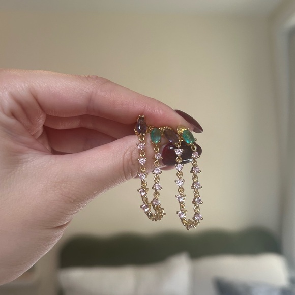 Gold and Purple Dangle Earrings Double Piercing - Picture 1 of 3